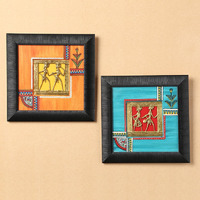 Exclusivelane Abstract Warli And Dhokra Living Room Wall Decor Painting (22.9 Cm X 2.5 Cm X 22.9 Cm, Sunset Orange And Ocean Blue) - Set Of 2