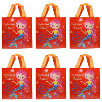 Wonderland Set Of 6 Red Mermaid Print Non Woven Bag For Children Birthday Return Gift Bag, Boy, Girl Gifting Bag