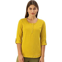 Enamor Essentials Women's Slim Fit Henley Neck 3/4Th Sleeves Cotton Tee With Snap Button Placket Front & Sleeve Tab - E129(E129-Mustard Yellow W/Energy-M)