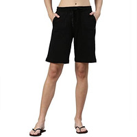 Enamor Essentials Women's Mid Rise Relaxed Fit 100% Cotton Knee Length Shorts Bermuda With Elasticated Waistband And Pockets - E080(E080-Jet Black-L)
