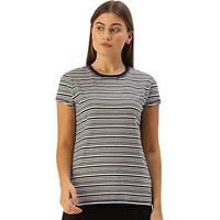 Enamor Essentials Women's Relaxed Fit Short Sleeves Crew Neck Slim Fit Breathable Stretch Regular Length Cotton Tee - Ea47(Ea47-Black/Beige/Ivory Yd Stripe-S)