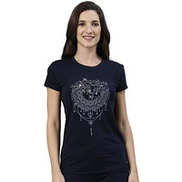 Enamor Essentials Women's Short Sleeve Crew Neck Slim Fit Breathable Stretch Cotton Tee With Graphic - E147(E147-Navy/Mandala Graphic-M)