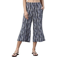 Enamor Essentials Women's Slim Fit Mid Rise Crop Length Soft & Drapey Stretch Viscose Culottes With Smart Side Slits - Ea64(Ea64-Navy Shibori Aop-S)