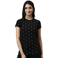 Enamor Essentials Short Sleeve Round Neck Slim Fit Stretch Cotton Lounge Tshirt For Womens-E247 (E247_Jet Black Deer Aop_M)