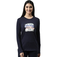 Enamor Essentials Full Sleeve Round Neck Slim Fit Stretch Cotton Lounge Tshirt For Womens-E157 (E157_Navy/ Peace_L)
