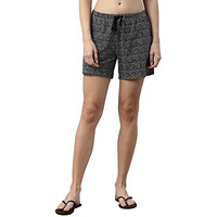 Enamor Essentials Women's Mid Rise Relaxed Fit Thigh Length Breathable Pure Cotton Shorts With 2 Side Pockets - E062(E062-Black Rings Aop-M)