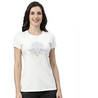 Enamor Essentials Women's Short Sleeve Crew Neck Slim Fit Breathable Stretch Cotton Tee With Graphic - E147(E147-Ivory/Hamsa Graphic-S)
