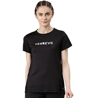 Enamor Women's Letter Print Relaxed Fit T-Shirt (A306_Jet Black Belive Graphic