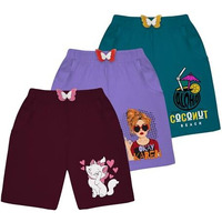 Kyda Kids Cotton Printed Pocket Bow Shorts For Girls - Regular Fit Girls Shorts With Elastic Waist Multicolored (Pack Of 3)