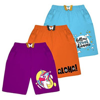 Kyda Kids Cotton Printed Pocket Bow Shorts For Girls - Regular Fit Girls Shorts With Elastic Waist Multicolored (Pack Of 3)
