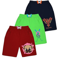 Kyda Kids Cotton Printed Pocket Bow Shorts For Girls - Regular Fit Girls Shorts With Elastic Waist Multicolored (Pack Of 3)