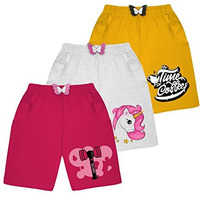 Kyda Kids Cotton Printed Pocket Bow Shorts For Girls - Regular Fit Girls Shorts With Elastic Waist Multicolored (Pack Of 3)