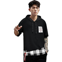 Eyebogler Men's Trendy Hooded Neck Half Sleeves Loose Fit Colorblocked T-Shirt Black White