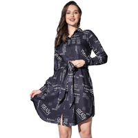 Om Sai Latest Creation Western Dresses For Women || Rayon Paper Printed Dress For Women || Dress With Belt, Cuff Full Sleeve & Spread Collar || Casual Western Dress For Women. (Large, Navyblue)