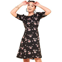 Oomph! Women's Western & Fusion Wear Below Knee Shift Black Dress In Crepe Fabric With Round Neck And Puff Sleeves - Md627M