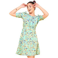Oomph! Women's Western & Fusion Wear Below Knee Shift Light Green Dress In Crepe Fabric With Round Neck And Puff Sleeves - Md620M