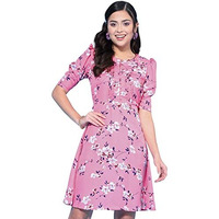 Oomph! Women's Western & Fusion Wear Below Knee Shift Pink Dress In Crepe Fabric With Round Neck And Puff Sleeves - Md624S