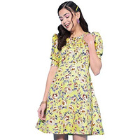 Oomph! Women's Western & Fusion Wear Below Knee Shift Yellow Dress In Crepe Fabric With Round Neck And Puff Sleeves - Md621L