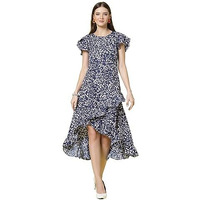 Oomph! Women's Western & Fusion Wear Wrap Midi Dresses For Women, Blue - Md834