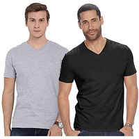 Adro Men's V Neck Combo Plain Cotton T-Shirts_Vcm2-Pln-Bl-Gr-L Black, Grey