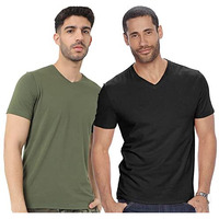 Adro Men's V Neck Combo Plain Cotton T-Shirts_Vcm2-Pln-Bl-Ol-M Black, Olive