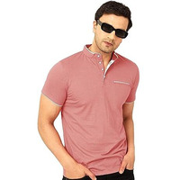 Eyebogler Cotton Blend Henley Neck Half Sleeve Solid Men Tshirt Peach White