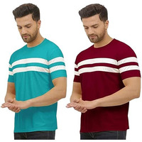 Lookmark Men's Combo Cotton Blend Sky Blue & Maroon Color Printed Striped Polo Tshirt(Mt04-Mt09)