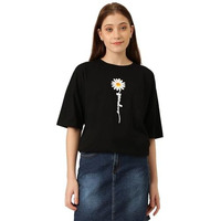Kotty Women's Cotton Blend Black Printed Oversized T-Shirts