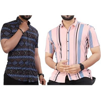 Lookmark Men's Trendy Lycra Blend Spread Collar Half Sleeve Printed Shirts - Elevate Your Style With Comfort And Versatility (Pack Of 2, Az-Lm-Og-52 Blue-53 Pink-S)