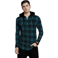 Eyebogler Men Checkered Hooded Neck Blue T-Shirt