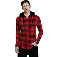 Eyebogler Men Checkered Hooded Neck Red T-Shirt