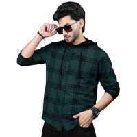 Eyebolger Mens Checkered Hooded Neck Full Sleeve T-Shirt Teal Blue Black