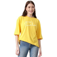 Kotty Women's Printed, Typography Round Neck Cotton Blend 3/4 Sleeve T-Shirt(Yellow,L)