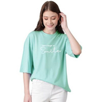 Kotty Women's Printed, Typography Round Neck Cotton Blend 3/4 Sleeve T-Shirt(Blue,L)