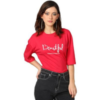 Kotty Women's Printed, Typography Round Neck Cotton Blend 3/4 Sleeve T-Shirt(Red,L)
