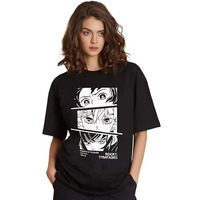 Kotty Women's Printed, Typography Round Neck Cotton Blend T-Shirt(Black,L)