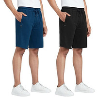 Xyxx Athleisure Men's Cotton Shorts | Super Soft, Knee Length Comfortable Everyday Wear | Relaxed Fit Solid Code Shorts With Zipper Pocket | Pack Of 2 (Black + Blue, X-Large)