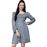Lookmark Women's Georgette Butti Fit And Flare Midi A-Line One Piece Western Dress In Grey Color(Sd648-L)