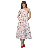 Oomph! Women's Western & Fusion Wear Printed Crepe Dress For Women, One Shoulder, White - Md1061