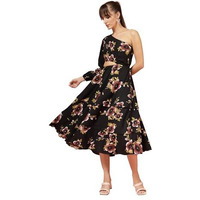 Oomph! Women's Western & Fusion Wear Printed Crepe Dress For Women, One Shoulder, Black - Md1073