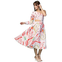 Oomph! Women's Western & Fusion Wear Printed Crepe Dress For Women, One Shoulder, White - Md1080