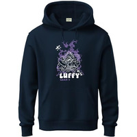 Adro Men's Cotton Blend Neck Hooded Sweatshirt (H24-Luffy-Nb_Navy Blue
