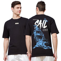 Adro Oversize T Shirt For Men | Drop Shoulder T Shirt | Mens Oversize T-Shirt | 220 Gsm Cotton Oversize Tshirt | Trendy Front And Back Printed T Shirt|Ovr24-L1-Sail-Bl-S Black