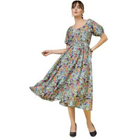 Oomph! Women's Western & Fusion Wear Printed Crepe Dress For Women, Puffed Sleeve, Grey - Md992