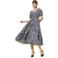 Oomph! Women's Western & Fusion Wear Printed Crepe Dress For Women, Puffed Sleeve, White - Md990