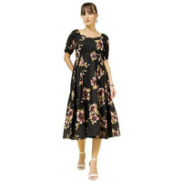 Oomph! Women's Western & Fusion Wear Printed Crepe Dress For Women, Puffed Sleeve, Black - Md988