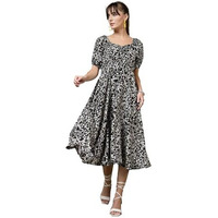 Oomph! Women's Western & Fusion Wear Printed Crepe Dress For Women, Puffed Sleeve, Black - Md987