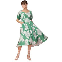Oomph! Women's Western & Fusion Wear Printed Crepe Dress For Women, Puffed Sleeve, Green - Md1039