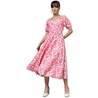 Oomph! Women's Western & Fusion Wear Printed Crepe Dress For Women, Puffed Sleeve, Pink - Md994