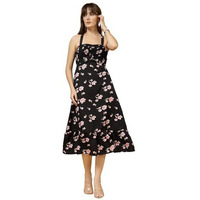 Oomph! Women's Western & Fusion Wear Printed Crepe Dress For Women, Smocked Bodice, Black - Md1029